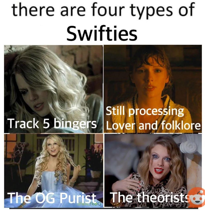 there are four types of Swifties Still processing Track 5 bingers Lover and folklore The OG Purist The theorists FROG