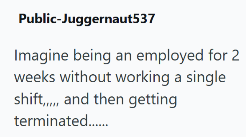 Public-Juggernaut537 Imagine being an employed for 2 weeks without working a single shift,,,,, and then getting terminated......