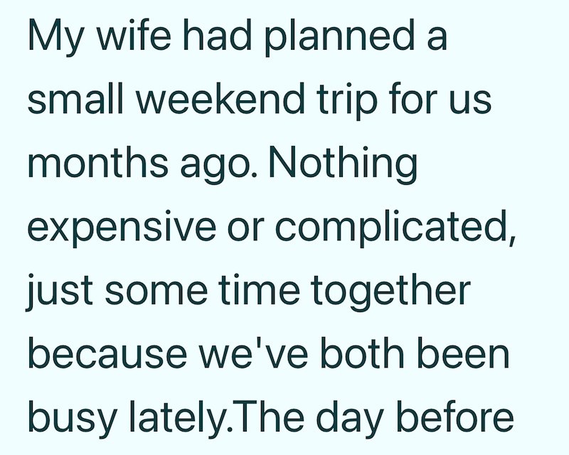 My wife had planned a small weekend trip for us months ago. Nothing expensive or complicated, just some time together because we've both been busy lately.The day before