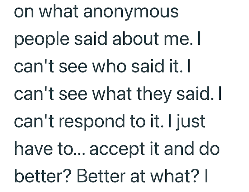 on what anonymous people said about me. I can't see who said it. I can't see what they said. I can't respond to it. I just have to... accept it and do better? Better at what? |