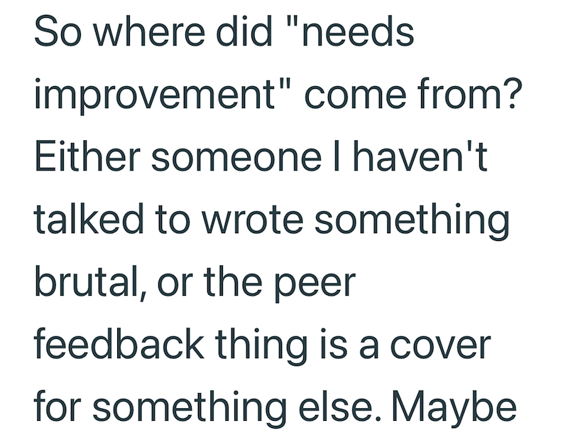 So where did "needs improvement" come from? Either someone I haven't talked to wrote something brutal, or the peer feedback thing is a cover for something else. Maybe