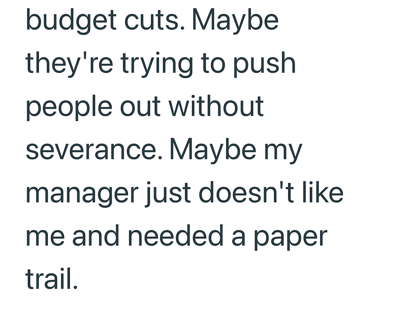 budget cuts. Maybe they're trying to push people out without severance. Maybe my manager just doesn't like me and needed a paper trail.