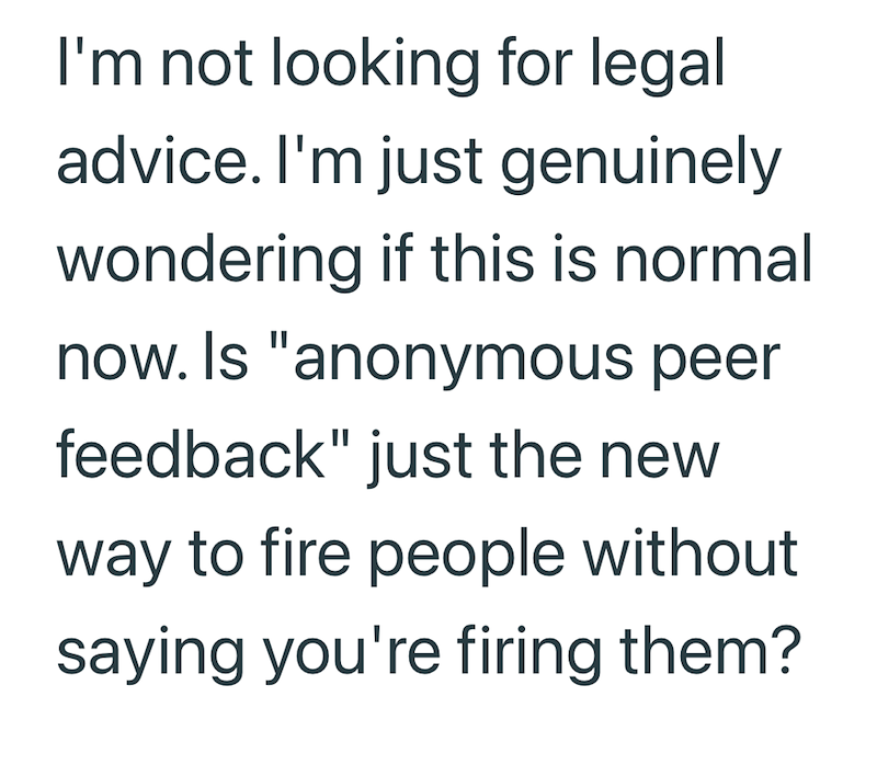 I'm not looking for legal advice. I'm just genuinely wondering if this is normal now. Is "anonymous peer feedback" just the new way to fire people without saying you're firing them?