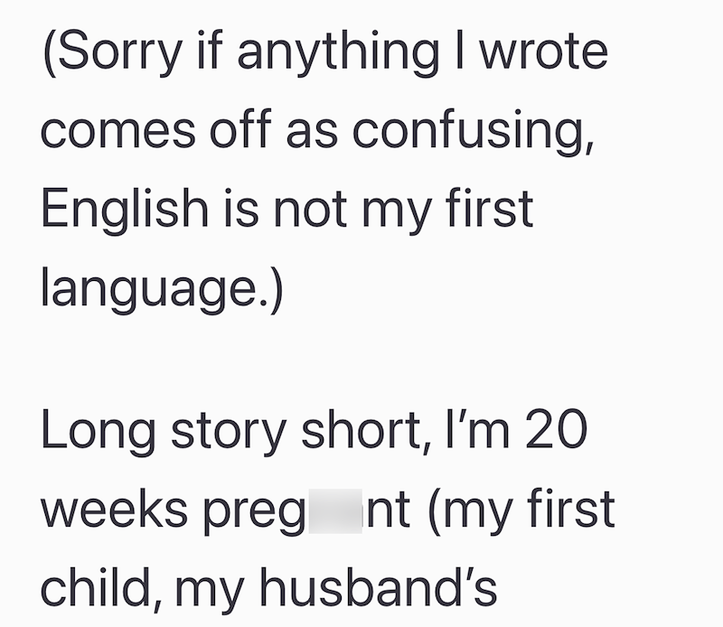 (Sorry if anything I wrote comes off as confusing, English is not my first language.) Long story short, I'm 20 weeks pregnant (my first child, my husband's