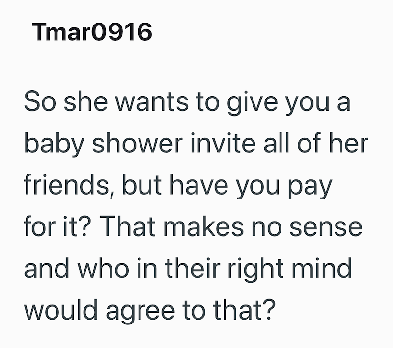 Tmar0916 So she wants to give you a baby shower invite all of her friends, but have you pay for it? That makes no sense and who in their right mind would agree to that?