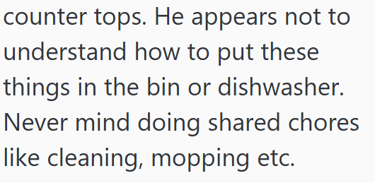 counter tops. He appears not to understand how to put these things in the bin or dishwasher. Never mind doing shared chores like cleaning, mopping etc.