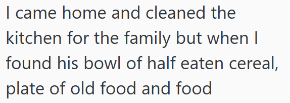 I came home and cleaned the kitchen for the family but when I found his bowl of half eaten cereal, plate of old food and food
