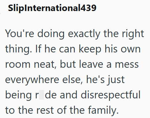 SlipInternational439 You're doing exactly the right thing. If he can keep his own room neat, but leave a mess everywhere else, he's just being r de and disrespectful to the rest of the family.