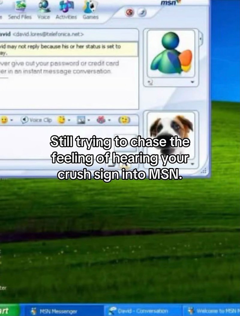 Send Files Voice Activities Games avid cdavid lores@telefonica.net> vid may not reply because his or her status is set to ver give out your password or credit card wer in an instant message conversation. ter Voice Cip msn Still trying to chase the feeling of hearing your crush sign into MSN. David Conversation Welcome to MSN art MSN Messenger