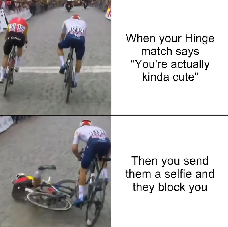 Cofidis 18818 When your Hinge match says "You're actually kinda cute" Then you send them a selfie and they block you