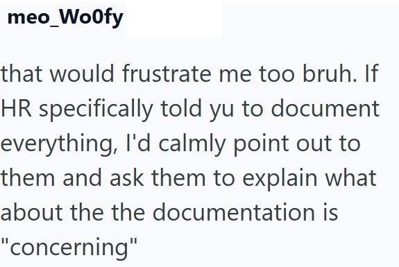meo_Woofy that would frustrate me too bruh. If HR specifically told yu to document everything, I'd calmly point out to them and ask them to explain what about the the documentation is "concerning"
