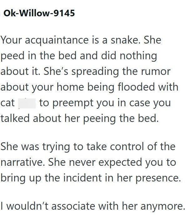 Ok-Willow-9145 Your acquaintance is a snake. She peed in the bed and did nothing about it. She's spreading the rumor about your home being flooded with cat to preempt you in case you talked about her peeing the bed. She was trying to take control of the narrative. She never expected you to bring up the incident in her presence. I wouldn't associate with her anymore.