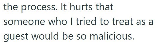 the process. It hurts that someone who I tried to treat as a guest would be so malicious.