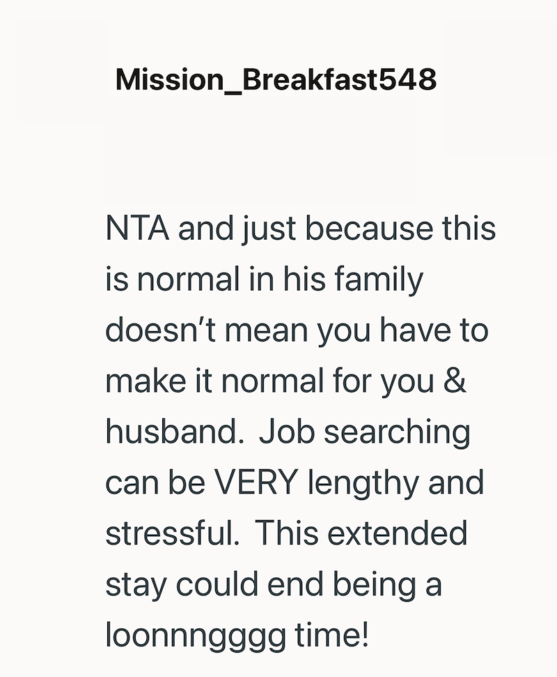Mission_Breakfast548 NTA and just because this is normal in his family doesn't mean you have to make it normal for you & husband. Job searching can be VERY lengthy and stressful. This extended stay could end being a loonnngggg time!