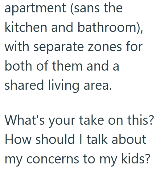 apartment (sans the kitchen and bathroom), with separate zones for both of them and a shared living area. What's your take on this? How should I talk about my concerns to my kids?