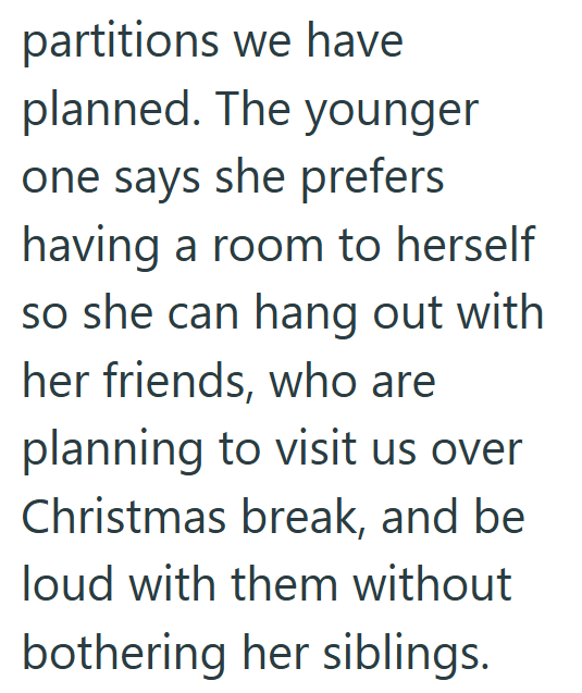 partitions we have planned. The younger one says she prefers having a room to herself so she can hang out with her friends, who are planning to visit us over Christmas break, and be loud with them without bothering her siblings.