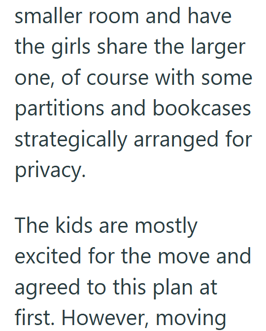 smaller room and have the girls share the larger one, of course with some partitions and bookcases strategically arranged for privacy. The kids are mostly excited for the move and agreed to this plan at first. However, moving