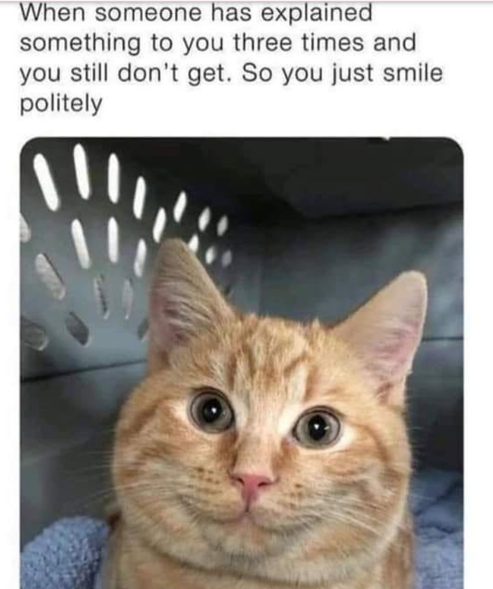 When someone has explained something to you three times and you still don't get. So you just smile politely
