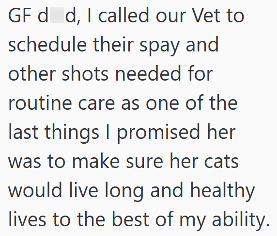 GF d d, I called our Vet to schedule their spay and other shots needed for routine care as one of the last things I promised her was to make sure her cats would live long and healthy lives to the best of my ability.