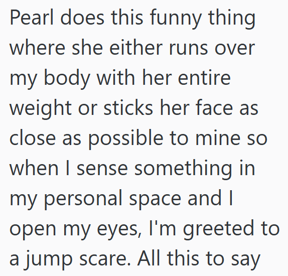 Pearl does this funny thing where she either runs over my body with her entire weight or sticks her face as close as possible to mine so when I sense something in my personal space and I open my eyes, I'm greeted to a jump scare. All this to say.