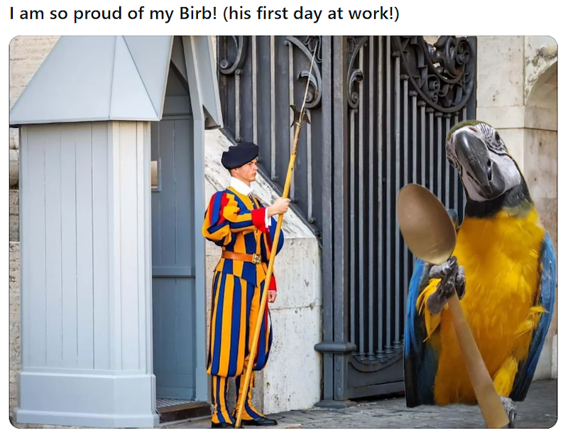 proud of my Birb! (his first day at work!)