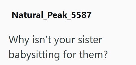 Natural_Peak_5587 Why isn't your sister babysitting for them?