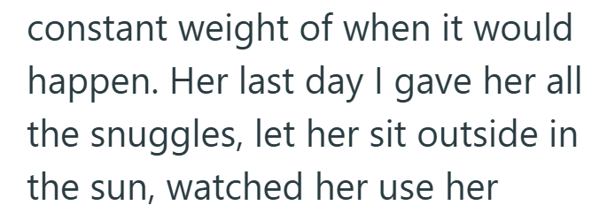 constant weight of when it would happen. Her last day I gave her all the snuggles, let her sit outside in the sun, watched her use her