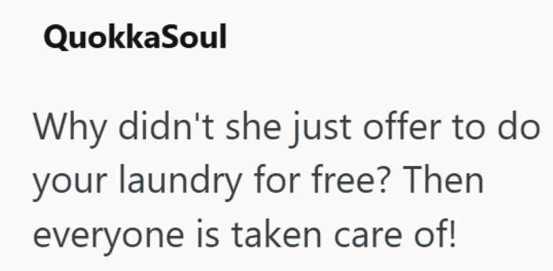 QuokkaSoul Why didn't she just offer to do your laundry for free? Then everyone is taken care of!