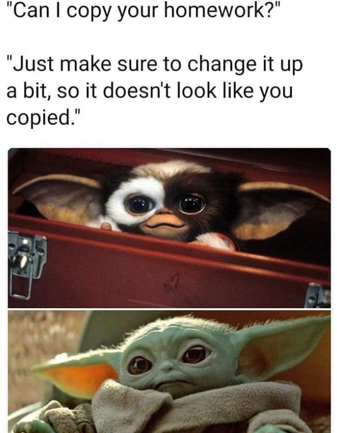 "Can I copy your homework?" "Just make sure to change it up a bit, so it doesn't look like you copied."