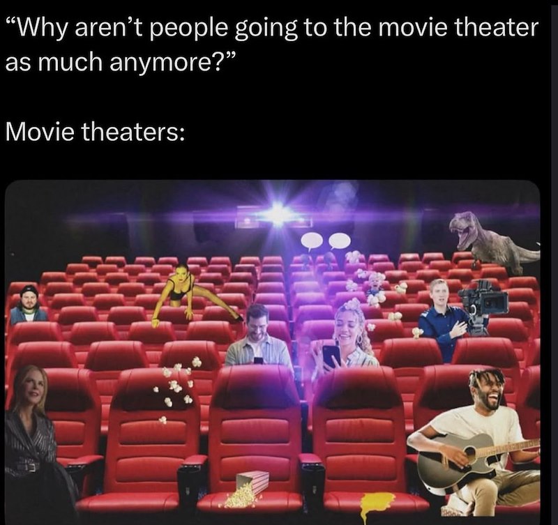 "Why aren't people going to the movie theater as much anymore?" Movie theaters: