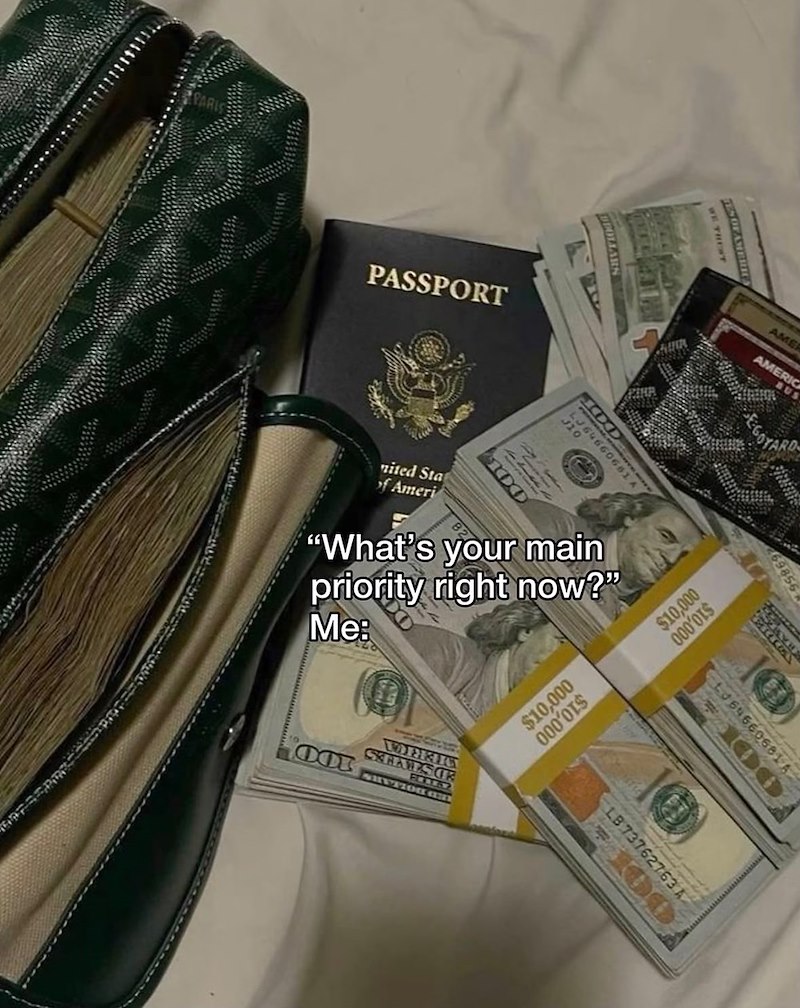 PARIS PASSPORT WE THEST TES OF AMERIC nited Sta of Ameri 100 "What's your main priority right now?" Me: J10 DOT LJ64660681 DOU WORKI SKELVES OR SHYTION GEDER AME AMERIC 000'01$ 000'01$ $10,000 $10,000 9856 க DI FL64660681A LB 73762763 A OOL