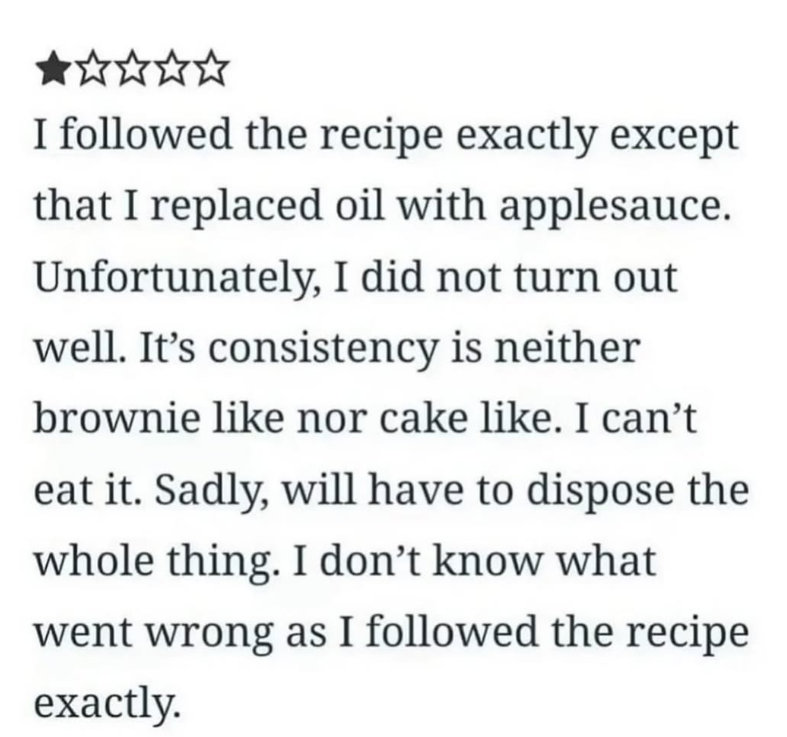 ⭑⭑⭑⭑⭑ I followed the recipe exactly except that I replaced oil with applesauce. Unfortunately, I did not turn out well. It's consistency is neither brownie like nor cake like. I can't eat it. Sadly, will have to dispose the whole thing. I don't know what went wrong as I followed the recipe exactly.