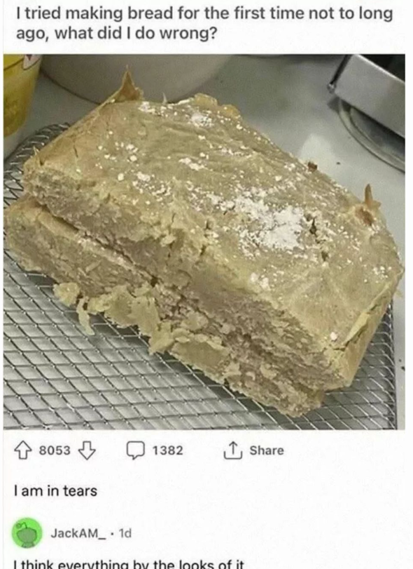 I tried making bread for the first time not to long ago, what did I do wrong? 8053 I am in tears JackAM_1d 1382 Share I think everything by the looks of it