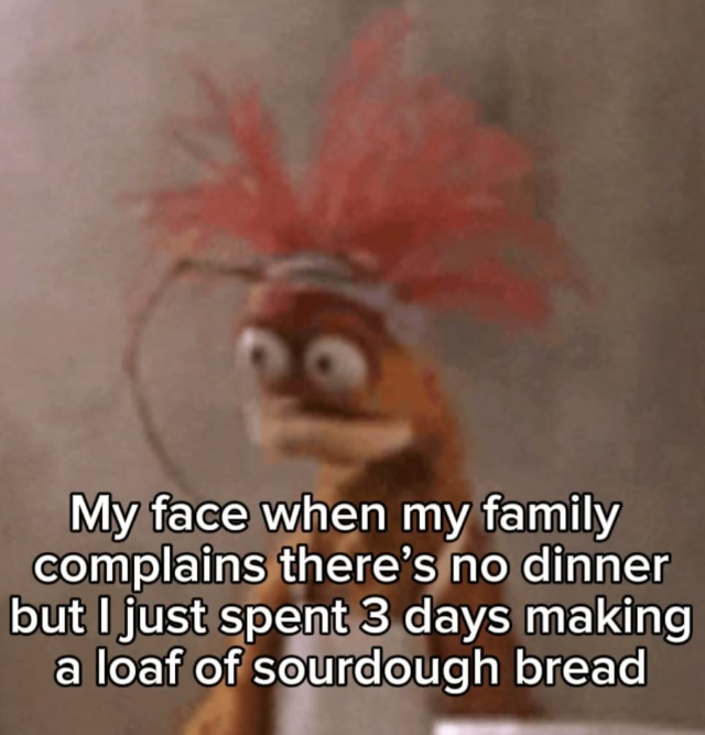 My face when my family complains there's no dinner but I just spent 3 days making a loaf of sourdough bread