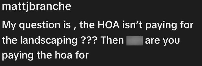 mattjbranche My question is, the HOA isn't paying for the landscaping ??? Then paying the hoa for are you