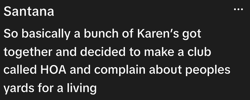 Santana So basically a bunch of Karen's got together and decided to make a club called HOA and complain about peoples yards for a living