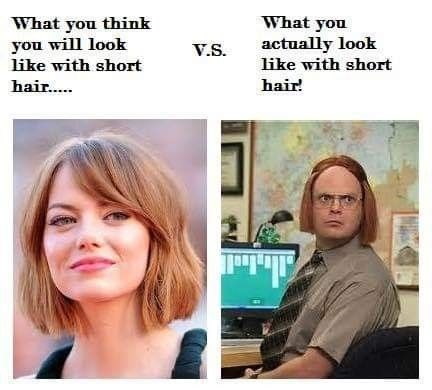 What you think you will look like with short V.S. hair..... What you actually look like with short hair!