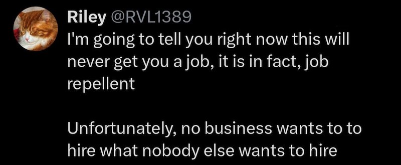 Riley @RVL1389 I'm going to tell you right now this will never get you a job, it is in fact, job repellent Unfortunately, no business wants to to hire what nobody else wants to hire
