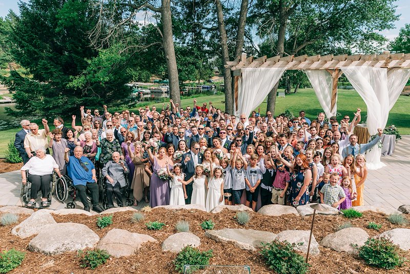 A wedding party with the bride, the groom, and the guests. Photo is a representation of scenes.
