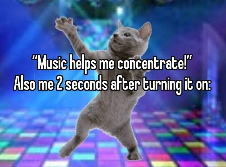 "Music helps me concentrate!" Also me 2 seconds after turning it on: