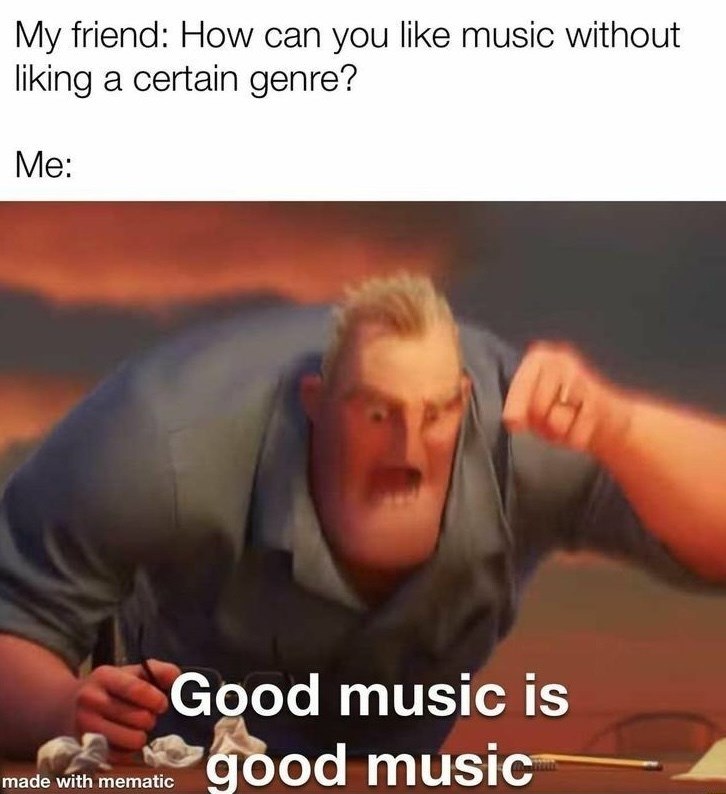 My friend: How can you like music without liking a certain genre? Me: Good music is made with mematic good music