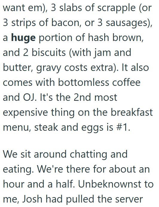 want em), 3 slabs of scrapple (or 3 strips of bacon, or 3 sausages), a huge portion of hash brown, and 2 biscuits (with jam and butter, gravy costs extra). It also comes with bottomless coffee and OJ. It's the 2nd most expensive thing on the breakfast menu, steak and eggs is #1. We sit around chatting and eating. We're there for about an hour and a half. Unbeknownst to me, Josh had pulled the server