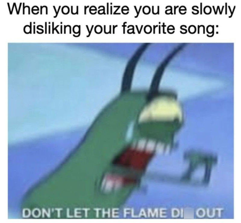 When you realize you are slowly disliking your favorite song: DON'T LET THE FLAME DI OUT