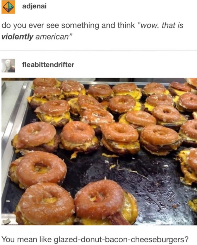 adjenai do you ever see something and think "wow. that is violently american" fleabittendrifter You mean like glazed-donut-bacon-cheeseburgers?