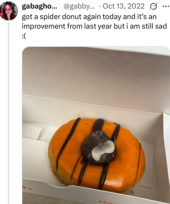 gabagho... @gabby... Oct 13, 2022 got a spider donut again today and it's an improvement from last year but i am still sad :(