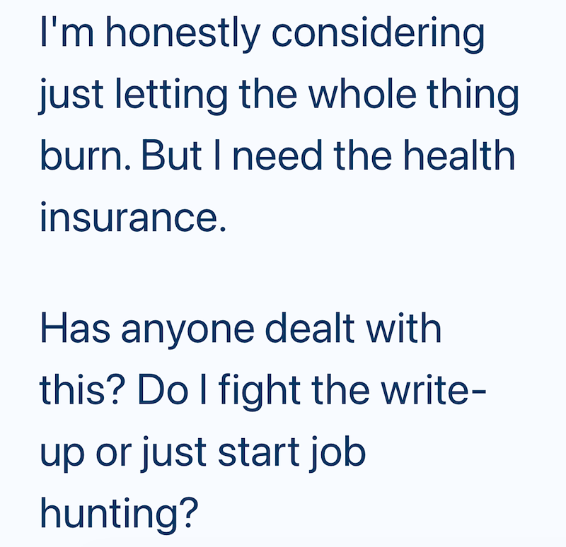 I'm honestly considering just letting the whole thing burn. But I need the health insurance. Has anyone dealt with this? Do I fight the write- up or just start job hunting?