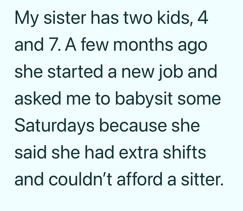 My sister has two kids, 4 and 7. A few months ago she started a new job and asked me to babysit some Saturdays because she said she had extra shifts and couldn't afford a sitter.