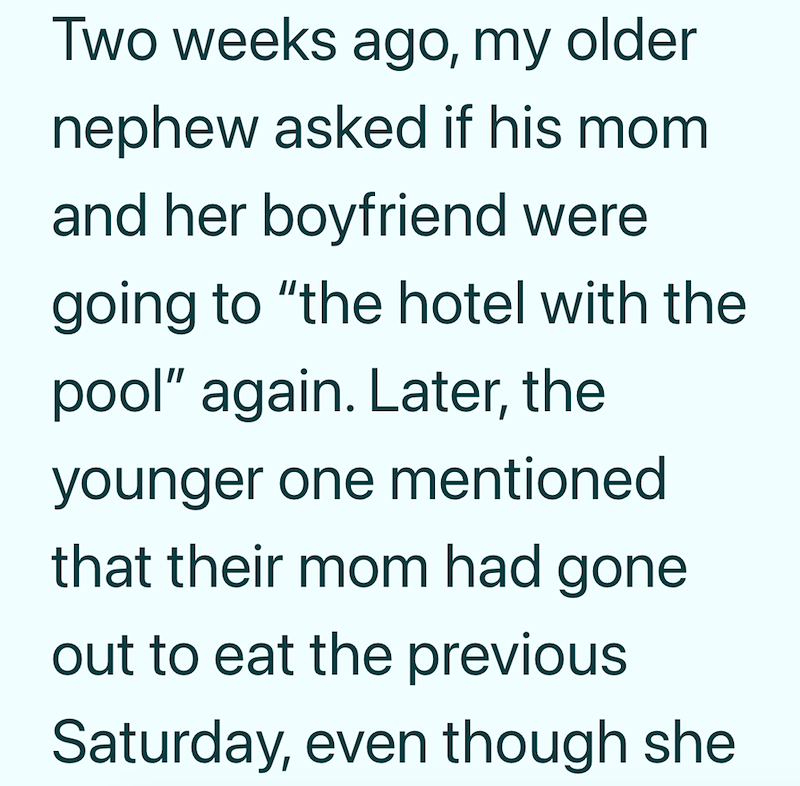 Two weeks ago, my older nephew asked if his mom and her boyfriend were going to "the hotel with the pool" again. Later, the younger one mentioned that their mom had gone out to eat the previous Saturday, even though she