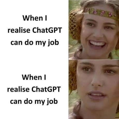 When I realise ChatGPT can do my job When I realise ChatGPT can do my job Sarcasm