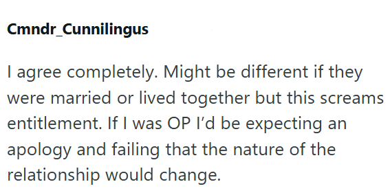 Cmndr_Cunnilingus I agree completely. Might be different if they were married or lived together but this screams entitlement. If I was OP I'd be expecting an apology and failing that the nature of the relationship would change.